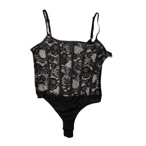 Corset-Style Bodysuit Womens Med Black Lace Adjustable Straps Side Zipper New